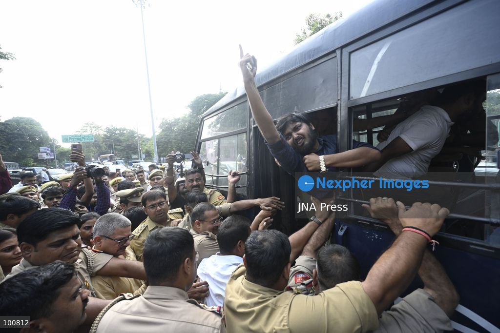 LUCKNOW, INDIA, OCTOBER 2, 2026: Police detain members of the Students' Federation of India and other activists during a protest at Parivartan Chowk in Lucknow against Chief Election Commissioner Gyanesh Kumar. Demonstrators demanded Kumar's resignation and raised concerns over the Election Commission's Special Intensive Revision of electoral rolls. Police stopped protesters as they attempted to march through the city, detaining students and activists. The Election Commission has defended the voter-roll revision process and rejected allegations of wrongdoing. Photo by Amit Shukla / JNA Press. (Photo by Amit shukla/JNA Press via Nexpher Images)