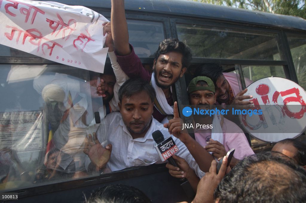 LUCKNOW, INDIA, OCTOBER 2, 2026: Police detain members of the Students' Federation of India and other activists during a protest at Parivartan Chowk in Lucknow against Chief Election Commissioner Gyanesh Kumar. Demonstrators demanded Kumar's resignation and raised concerns over the Election Commission's Special Intensive Revision of electoral rolls. Police stopped protesters as they attempted to march through the city, detaining students and activists. The Election Commission has defended the voter-roll revision process and rejected allegations of wrongdoing. Photo by Amit Shukla / JNA Press. (Photo by Amit shukla/JNA Press via Nexpher Images)