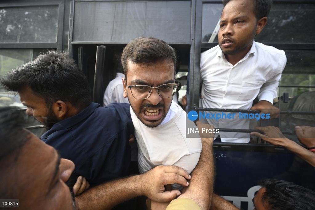 LUCKNOW, INDIA, OCTOBER 2, 2026: Police detain members of the Students' Federation of India and other activists during a protest at Parivartan Chowk in Lucknow against Chief Election Commissioner Gyanesh Kumar. Demonstrators demanded Kumar's resignation and raised concerns over the Election Commission's Special Intensive Revision of electoral rolls. Police stopped protesters as they attempted to march through the city, detaining students and activists. The Election Commission has defended the voter-roll revision process and rejected allegations of wrongdoing. Photo by Amit Shukla / JNA Press. (Photo by Amit shukla/JNA Press via Nexpher Images)