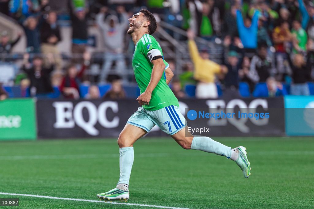Cristian Roldan #7 of Seattle Sounders FC celebrating after scoring a goal during the MLS match between Sounders FC and Sporting Kansas City at Lumen Field. on October 1, 2026 in Seattle, Washington. (Photo by Jules Doyle/ Eyepix Group) (Photo by Jules Doyle/ Eyepix Group/Eyepix via Nexpher Images)
