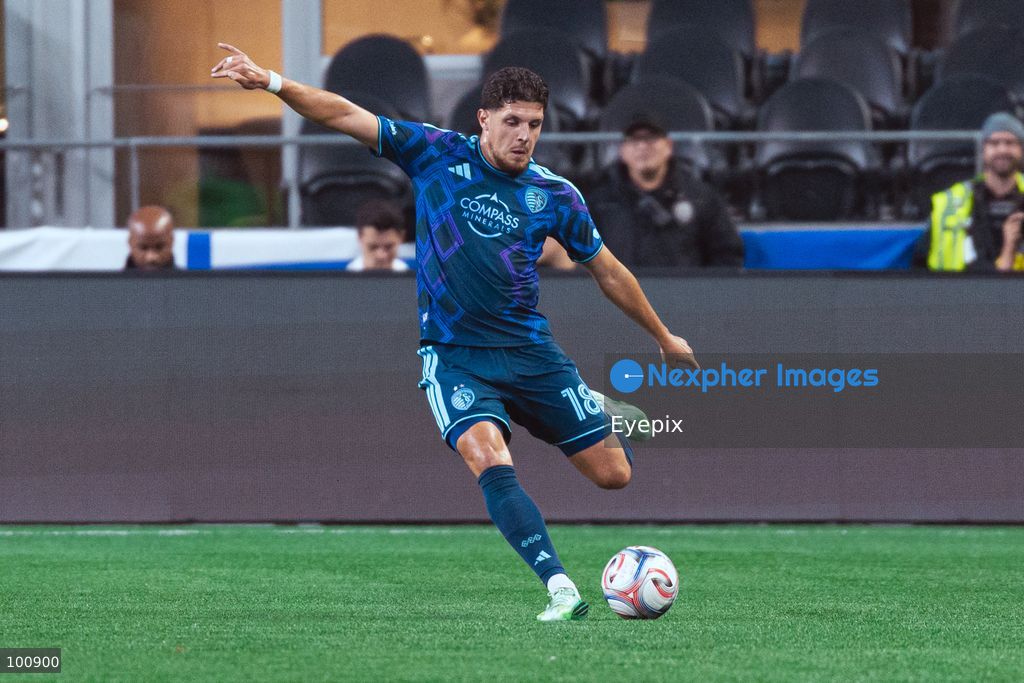 Emir Karić #18 of Sporting Kansas City shoots the ball during the MLS match between Sounders FC and Sporting Kansas City at Lumen Field. on October 1, 2026 in Seattle, Washington. (Photo by Jules Doyle/ Eyepix Group) (Photo by Jules Doyle/ Eyepix Group/Eyepix via Nexpher Images)