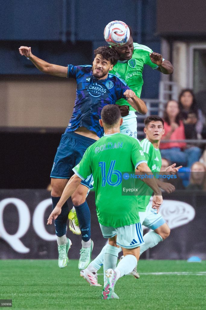 Yeimar Gómez Andrade #28 of Seattle Sounders FC and Taylor Calheira #19 of Sporting Kansas City battle for the header during the MLS match between Sounders FC and Sporting Kansas City at Lumen Field. on October 1, 2026 in Seattle, Washington. (Photo by Jules Doyle/ Eyepix Group) (Photo by Jules Doyle/ Eyepix Group/Eyepix via Nexpher Images)