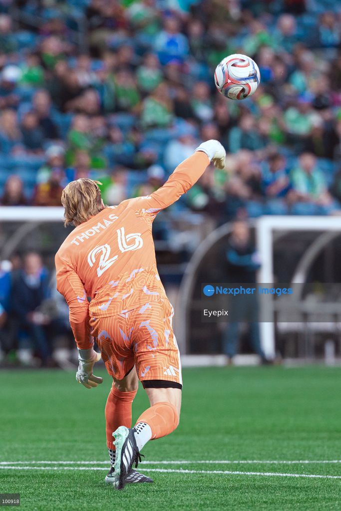 Andrew Thomas #26 goalkeeper of Seattle Sounders FC throws the ball during the MLS match between Sounders FC and Sporting Kansas City at Lumen Field. on October 1, 2026 in Seattle, Washington. (Photo by Jules Doyle/ Eyepix Group) (Photo by Jules Doyle/ Eyepix Group/Eyepix via Nexpher Images)
