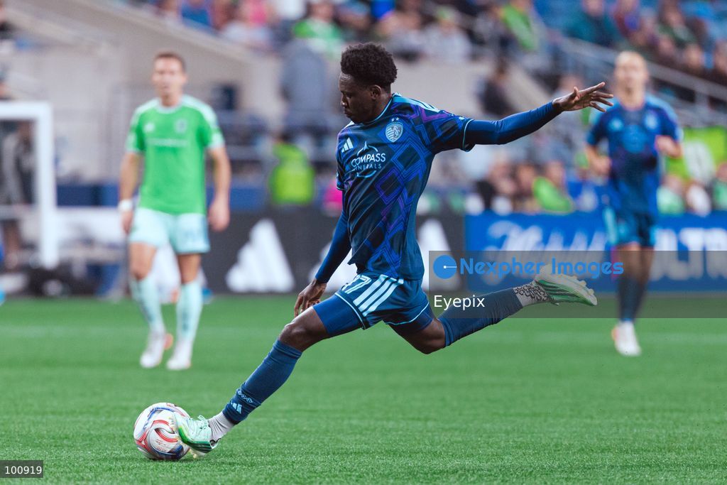 Stephen Afrifa #17 of Sporting Kansas City shoots the ball during the MLS match between Sounders FC and Sporting Kansas City at Lumen Field. on October 1, 2026 in Seattle, Washington. (Photo by Jules Doyle/ Eyepix Group) (Photo by Jules Doyle/ Eyepix Group/Eyepix via Nexpher Images)