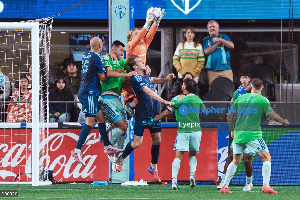 Andrew Thomas #26 goalkeeper of Seattle Sounders FC catches the ball during the MLS match between Sounders FC and Sporting Kansas City at Lumen Field. on October 1, 2026 in Seattle, Washington. (Photo by Jules Doyle/ Eyepix Group) (Photo by Jules Doyle/ Eyepix Group/Eyepix via Nexpher Images)