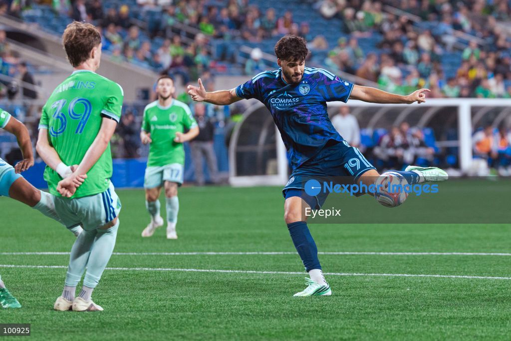 Taylor Calheira #19 of Sporting Kansas City shoots the ball during the MLS match between Sounders FC and Sporting Kansas City at Lumen Field. on October 1, 2026 in Seattle, Washington. (Photo by Jules Doyle/ Eyepix Group) (Photo by Jules Doyle/ Eyepix Group/Eyepix via Nexpher Images)