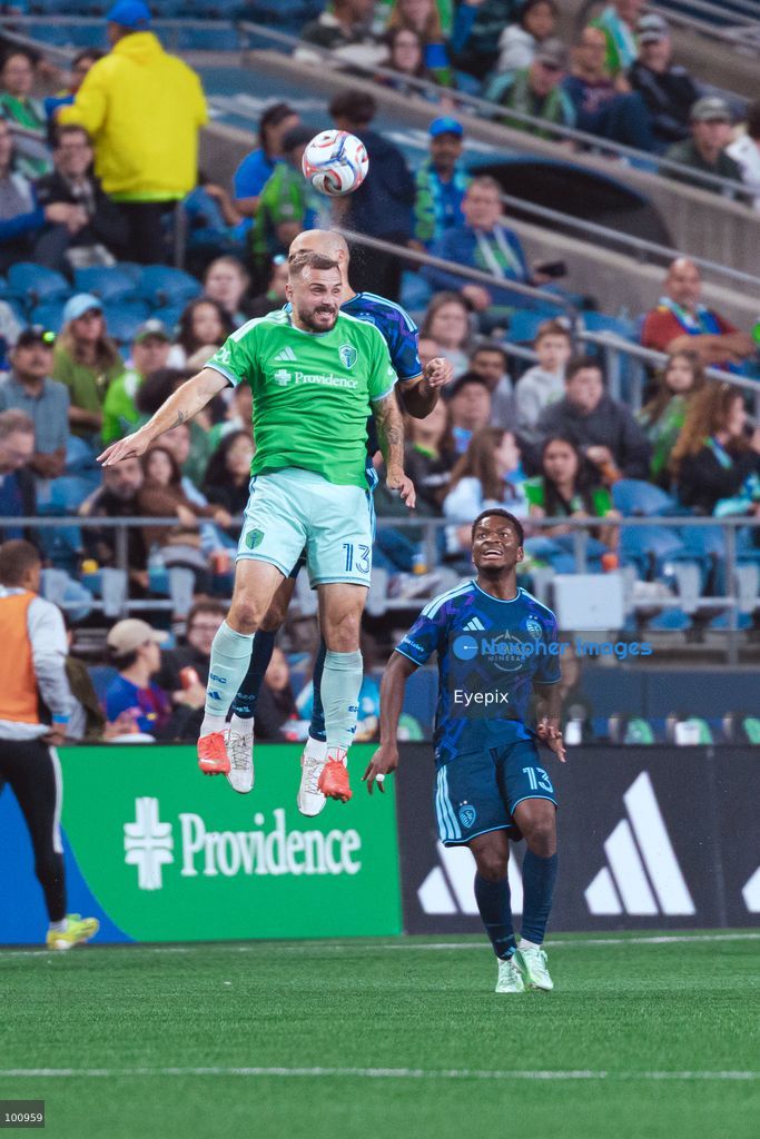 Jordan Morris #13 of Seattle Sounders FC heads the ball during the MLS match between Sounders FC and Sporting Kansas City at Lumen Field. on October 1, 2026 in Seattle, Washington. (Photo by Jules Doyle/ Eyepix Group) (Photo by Jules Doyle/ Eyepix Group/Eyepix via Nexpher Images)