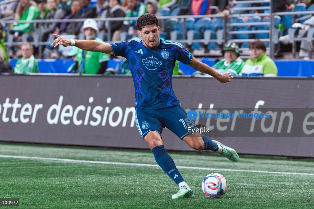 Emir Karić #18 of Sporting Kansas City shoots the ball during the MLS match between Sounders FC and Sporting Kansas City at Lumen Field. on October 1, 2026 in Seattle, Washington. (Photo by Jules Doyle/ Eyepix Group) (Photo by Jules Doyle/ Eyepix Group/Eyepix via Nexpher Images)