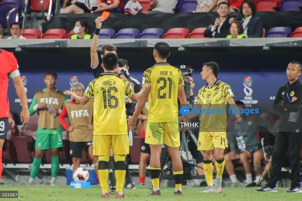 Brunei defender Mohd Hanif bin Hamir is shown a direct red card by the referee for serious foul play in the 46th minute of the FIFA ASEAN Cup Tier 2 match against Hong Kong, China at Kai Tak Stadium on September 30, 2026 in Hong Kong, reducing Brunei to ten men before Hong Kong went on to secure a 2-0 victory. (Photo by Gordon Choi/TMHK via Nexpher Images)