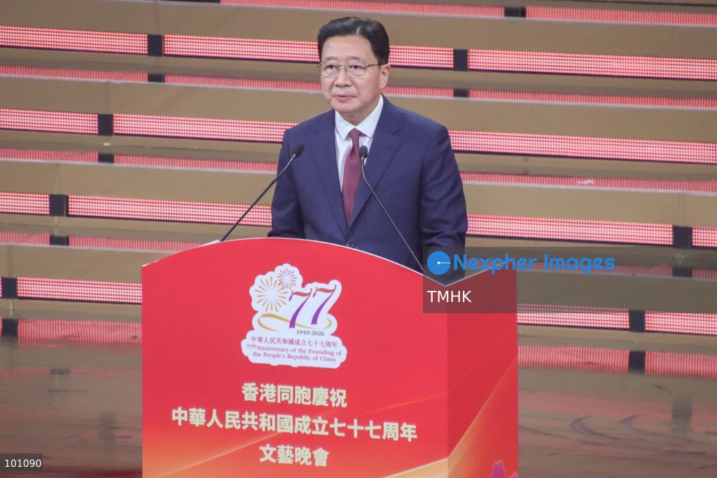 A close-up headshot captures Zhou Ji, Director of the Liaison Office of the Central People's Government in the HKSAR, delivering a speech during the 77th National Day variety show at the Hong Kong Coliseum in Hung Hom on October 2, 2026 in Hong Kong. Zhou commended Hong Kong's long-term strategic blueprint for bolstering the steady and enduring practice of "One Country, Two Systems". (Photo by Gordon Choi/TMHK via Nexpher Images)