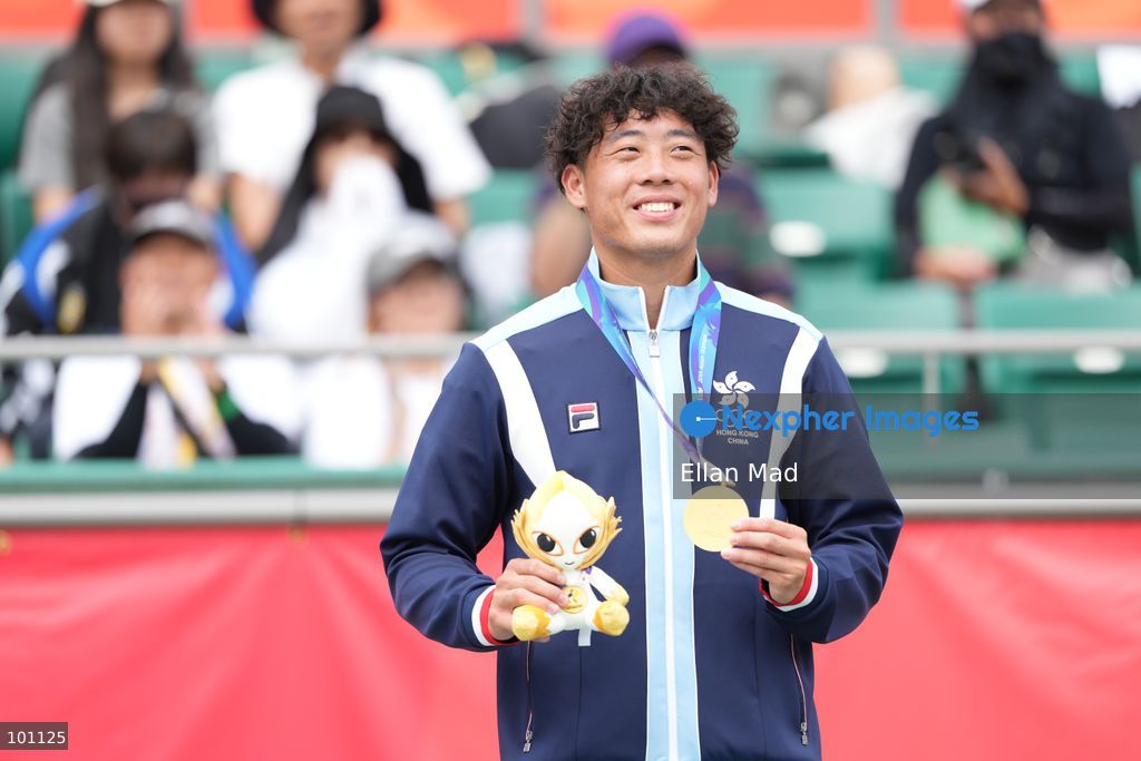 Hong Kong Tennis player, Coleman Wong Chak-lam posing photo with the gold medal, he wins the Men's Final at the 2026 Asian games on October 3, 2026 in Nagoya, Japan. (Photo by Ellan Mad/Nexpher Images)