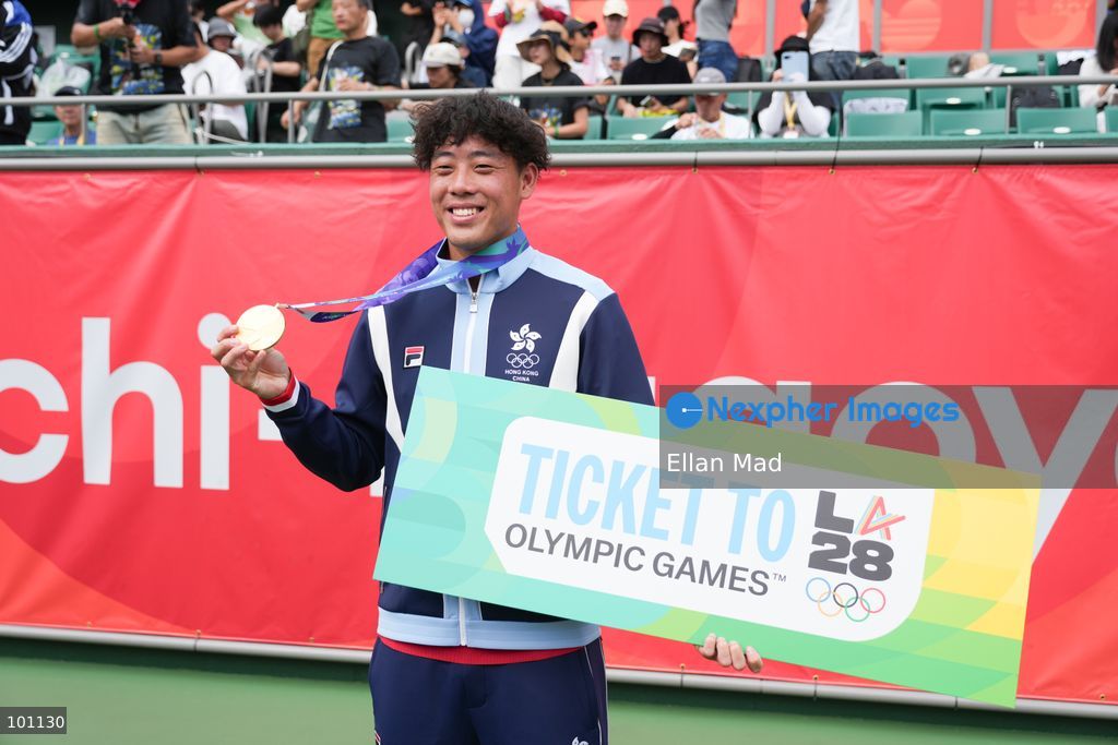 Hong Kong Tennis player, Coleman Wong Chak-lam posing photo with the gold medal, he wins the Men's Final at the 2026 Asian games on October 3, 2026 in Nagoya, Japan. (Photo by Ellan Mad/Nexpher Images)