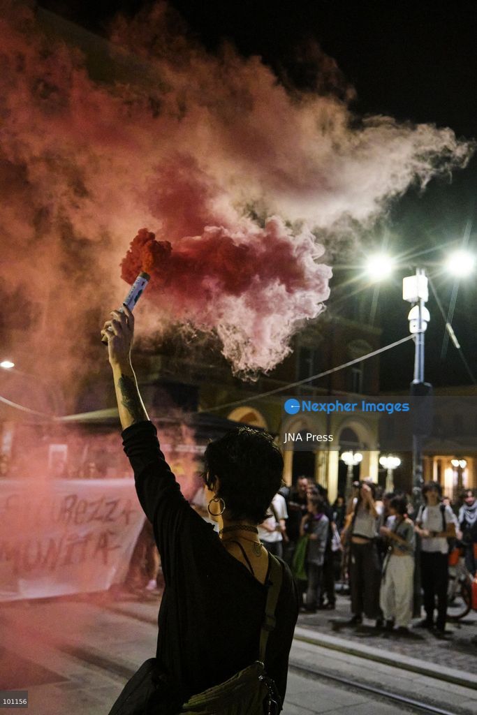 BOLOGNA, ITALY, OCTOBER 2, 2026: Hundreds of demonstrators march through Bologna during a protest against what organizers describe as state and police violence, one year after clashes during a pro-Palestinian demonstration on Viale Masini. Lince, an activist who suffered permanent damage to one eye after being struck by a tear gas canister during the October 2, 2025 demonstration, addressed participants before the march proceeded toward the site where she was injured. The demonstration was organized by the Lince campaign and Giovani Palestinesi. Photo by Lorenzo Paini / JNA Press. (Photo by Lorenzo Pasini/JNA Press via Nexpher Images)
