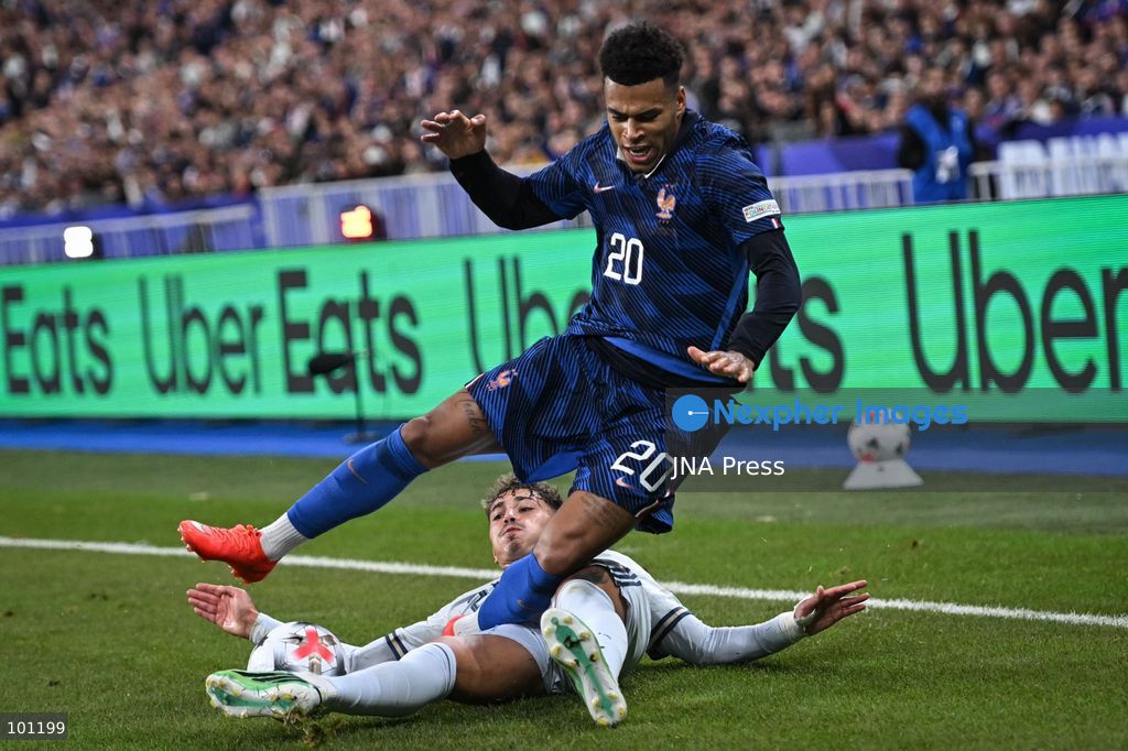 PARIS, FRANCE - OCTOBER 2, 2026: French forward Desire Doue is tackled during the Nations League football match between France and Italy at the Stade de France stadium in Saint Denis near Paris on October 2, 2026. Photo by Firas Abdullah / JNA Press (Photo by Firas Abdullah/JNA Press via Nexpher Images)