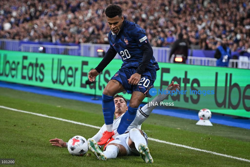 PARIS, FRANCE - OCTOBER 2, 2026: French forward Desire Doue is tackled during the Nations League football match between France and Italy at the Stade de France stadium in Saint Denis near Paris on October 2, 2026. Photo by Firas Abdullah / JNA Press (Photo by Firas Abdullah/JNA Press via Nexpher Images)