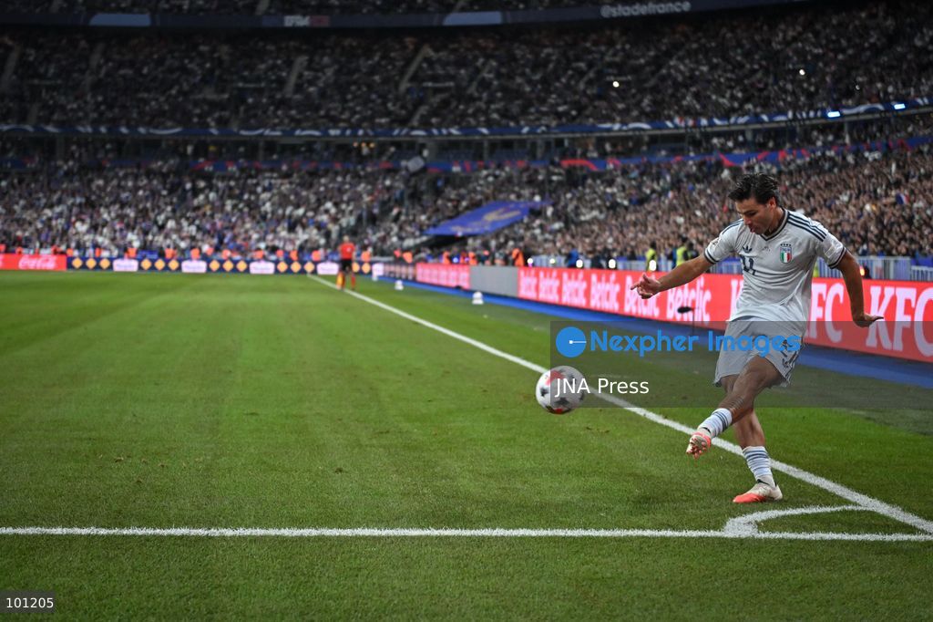 PARIS, FRANCE - OCTOBER 2, 2026: Italy’s forward Antonio Vergara kicks the ball during the Nations League football match between France and Italy at the Stade de France stadium in Saint Denis near Paris on October 2, 2026. Photo by Firas Abdullah / JNA Press (Photo by Firas Abdullah/JNA Press via Nexpher Images)
