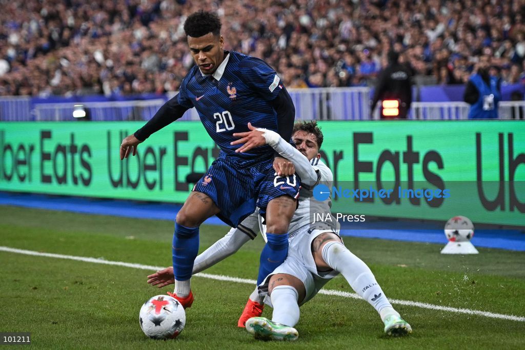 PARIS, FRANCE - OCTOBER 2, 2026: French forward Desire Doue is tackled during the Nations League football match between France and Italy at the Stade de France stadium in Saint Denis near Paris on October 2, 2026. Photo by Firas Abdullah / JNA Press (Photo by Firas Abdullah/JNA Press via Nexpher Images)