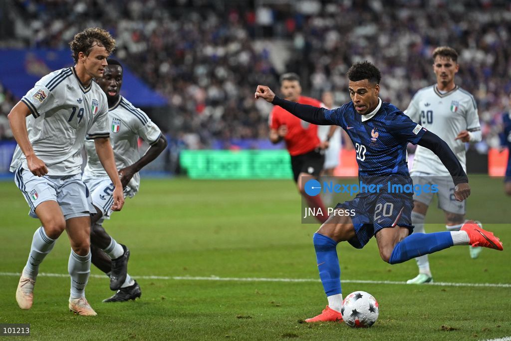 PARIS, FRANCE - OCTOBER 2, 2026: French forward Desire Doue kicks the ball during the Nations League football match between France and Italy at the Stade de France stadium in Saint Denis near Paris on October 2, 2026. Photo by Firas Abdullah / JNA Press (Photo by Firas Abdullah/JNA Press via Nexpher Images)