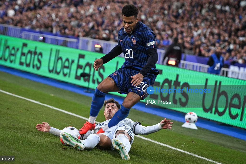 PARIS, FRANCE - OCTOBER 2, 2026: French forward Desire Doue is tackled during the Nations League football match between France and Italy at the Stade de France stadium in Saint Denis near Paris on October 2, 2026. Photo by Firas Abdullah / JNA Press (Photo by Firas Abdullah/JNA Press via Nexpher Images)