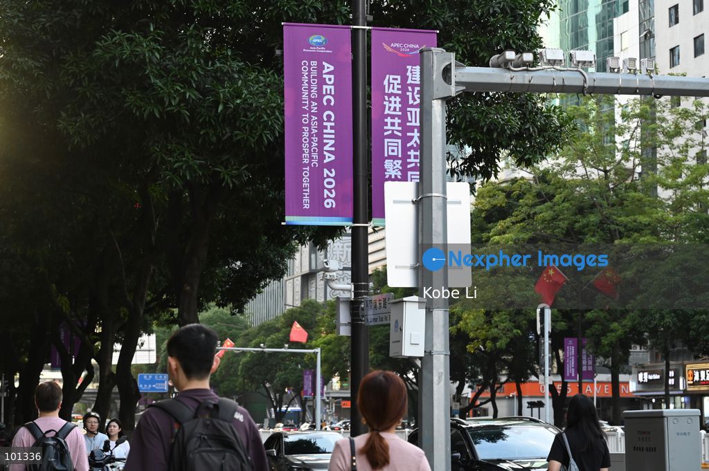 A general view showing APEC decorations displays at the lamppost on October 3, 2026 in Shenzhen, China. (Photo by Kobe Li/Nexpher Images)