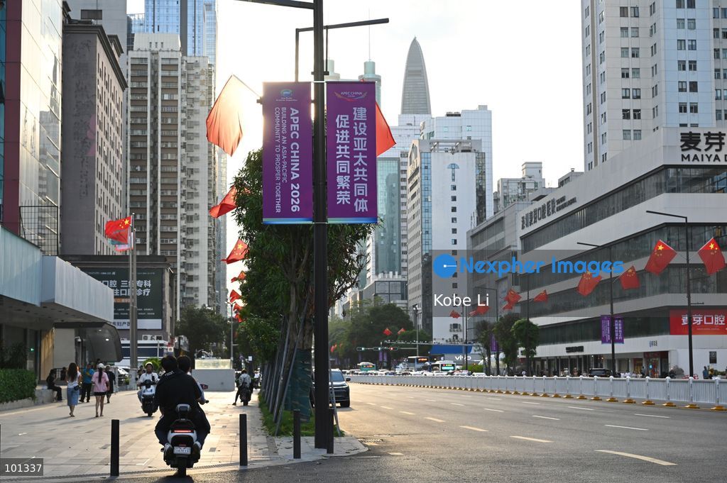 A general view showing APEC decorations displays at the lamppost on October 3, 2026 in Shenzhen, China. (Photo by Kobe Li/Nexpher Images)