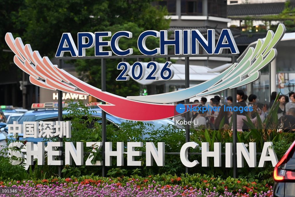 A general view showing APEC decorations displays at a flower bed on October 3, 2026 in Shenzhen, China. (Photo by Kobe Li/Nexpher Images)