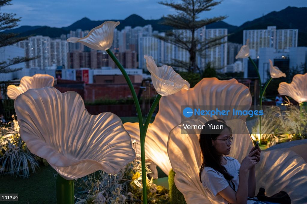 A woman looking at her phone sitting on a lit flower shaped seat at an outdoor area of a shopping mall on October 3, 2026 in Hong Kong (Photo by Vernon Yuen/Nexpher Images)