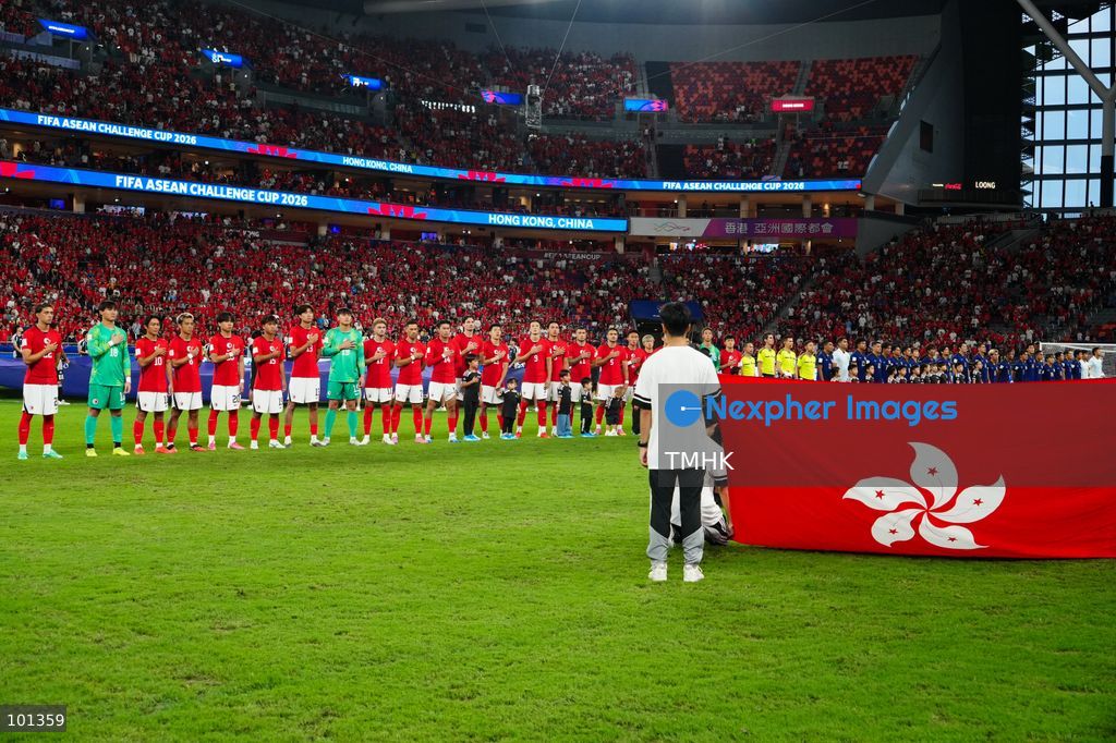 Players of Hong Kong, China sing the China national anthem ahead of the FIFA ASEAN Challenge Cup final against Cambodia at Kai Tak Stadium in Hong Kong on October 3, 2026. (Photo by Zulu Lo/TMHK via Nexpher Images)