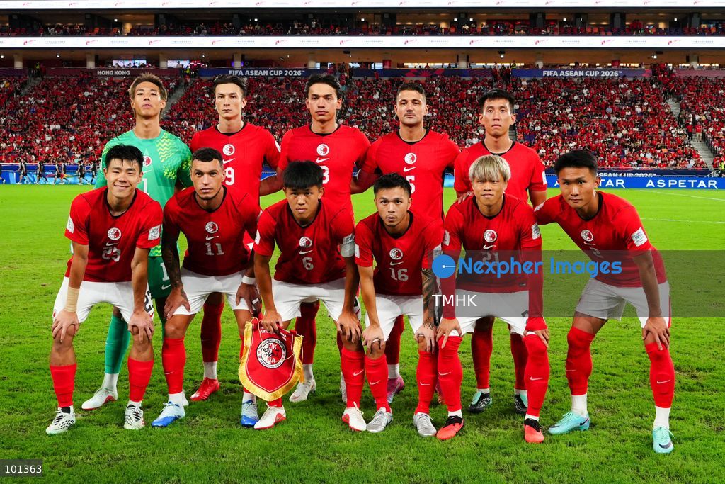 The starting players of Hong Kong, China pose for a team photograph ahead of the FIFA ASEAN Challenge Cup final against Cambodia at Kai Tak Stadium in Hong Kong on October 3, 2026. (Photo by Zulu Lo/TMHK via Nexpher Images)