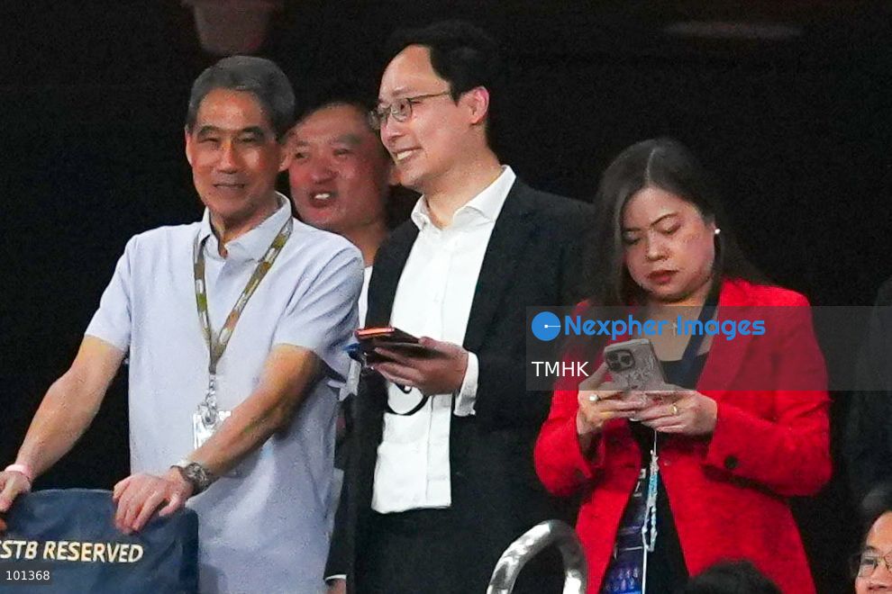 Secretary for Culture, Sports and Tourism Rosanna Law, Commissioner for Sports George Tsoi and Kai Tak Sports Park Director (Strategic Planning) Tang King-shing watch the FIFA ASEAN Challenge Cup final between Hong Kong, China and Cambodia at Kai Tak Stadium in Hong Kong on October 3, 2026. (Photo by Zulu Lo/TMHK via Nexpher Images)