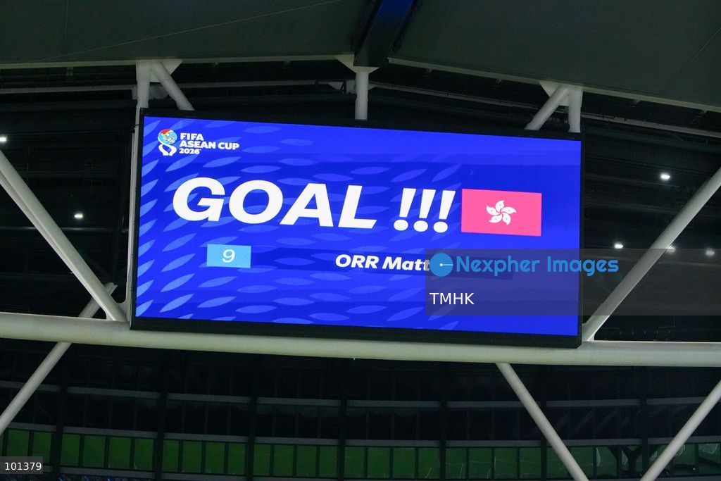 The stadium LED screen displays a goal announcement for Hong Kong, China forward Matt Orr during the FIFA ASEAN Challenge Cup final against Cambodia at Kai Tak Stadium in Hong Kong on October 3, 2026. (Photo by Zulu Lo/TMHK via Nexpher Images)