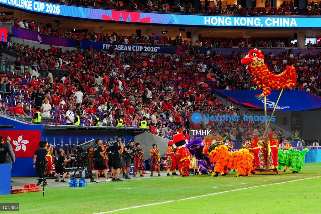Performers take part in a lion dance during the half-time break of the FIFA ASEAN Challenge Cup final between Hong Kong, China and Cambodia at Kai Tak Stadium in Hong Kong on October 3, 2026. (Photo by Zulu Lo/TMHK via Nexpher Images)