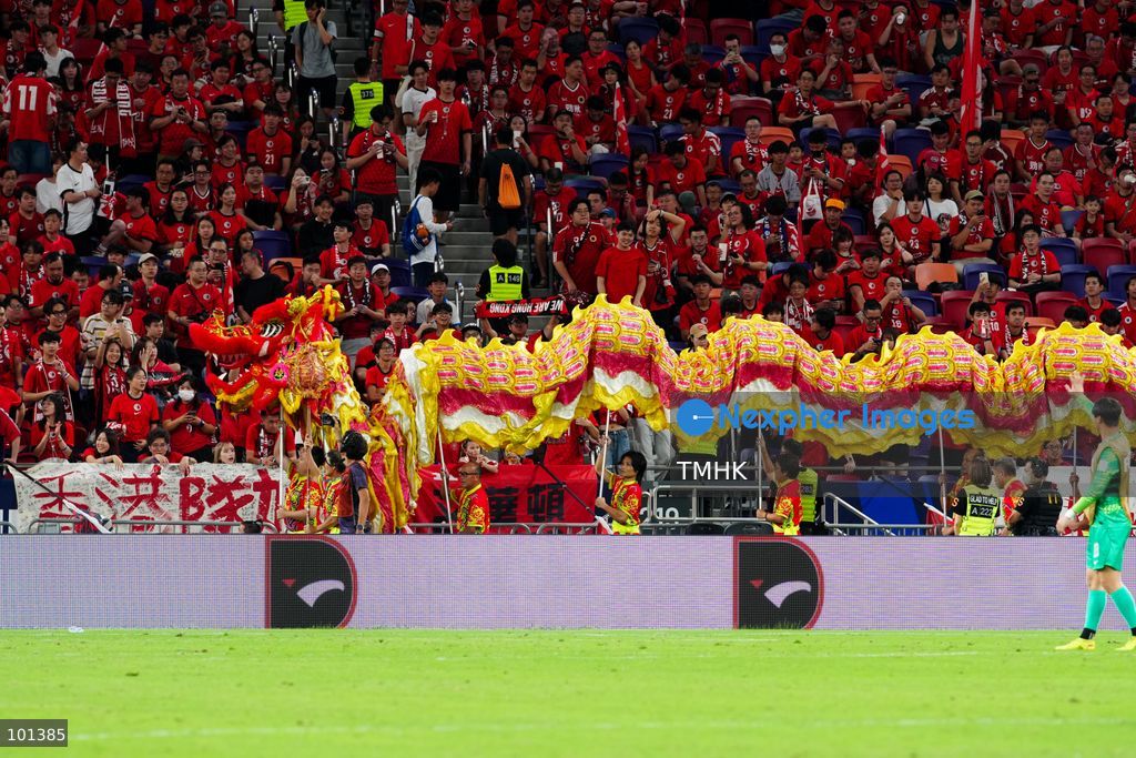 Performers take part in a lion dance during the half-time break of the FIFA ASEAN Challenge Cup final between Hong Kong, China and Cambodia at Kai Tak Stadium in Hong Kong on October 3, 2026. (Photo by Zulu Lo/TMHK via Nexpher Images)
