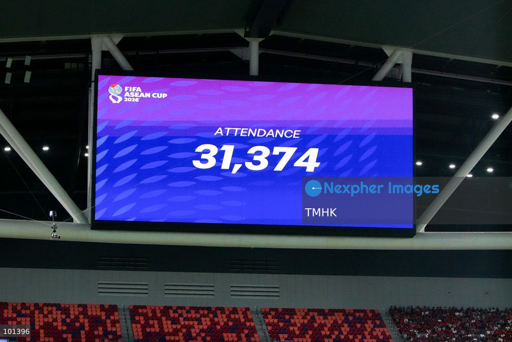 The stadium LED screen shows an attendance of 31,374 during the FIFA ASEAN Challenge Cup final between Hong Kong, China and Cambodia at Kai Tak Stadium in Hong Kong on October 3, 2026. (Photo by Zulu Lo/TMHK via Nexpher Images)
