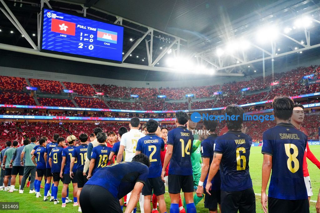 Players of Hong Kong, China and Cambodia shake hands after the FIFA ASEAN Challenge Cup final at Kai Tak Stadium in Hong Kong on October 3, 2026. Hong Kong, China won the match 2-0 to claim the title. (Photo by Zulu Lo/TMHK via Nexpher Images)