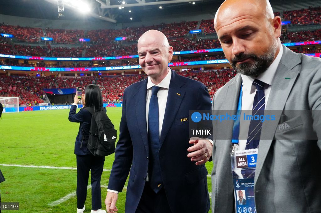 FIFA President Gianni Infantino leaves the pitch following the trophy presentation ceremony after the FIFA ASEAN Challenge Cup final at Kai Tak Stadium in Hong Kong on October 3, 2026. (Photo by Zulu Lo/TMHK via Nexpher Images)