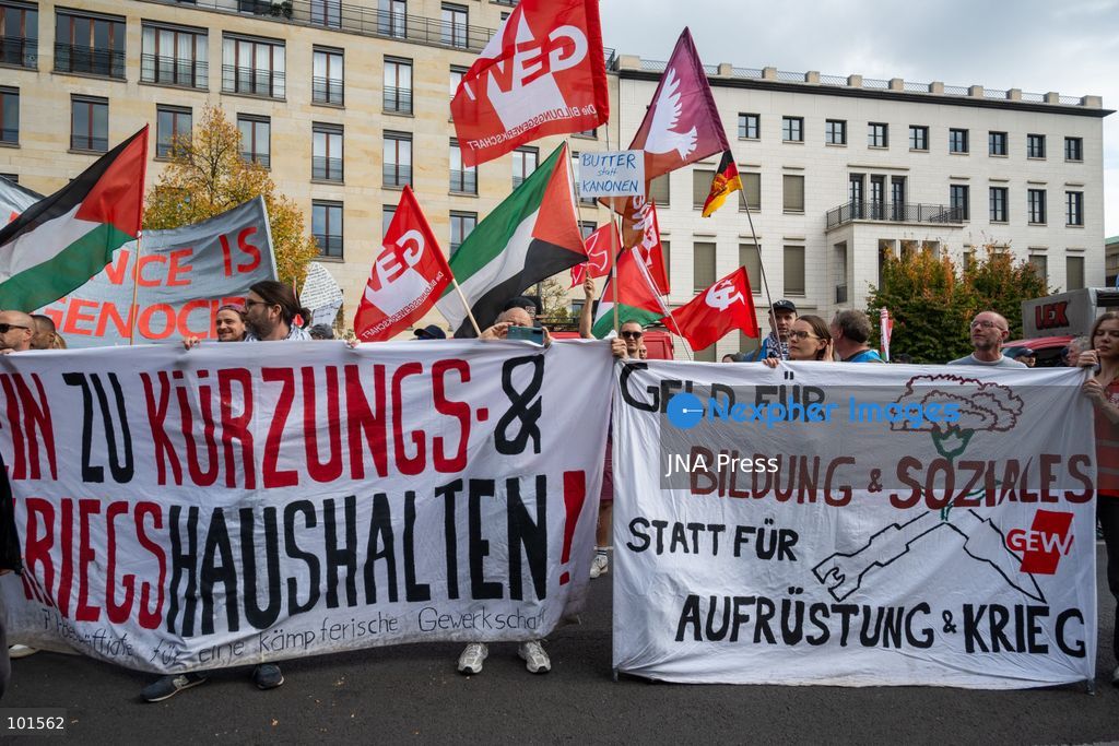 BERLIN, GERMANY – OCTOBER 3, 2026: Thousands of people took part in a peace demonstration in central Berlin on German Unity Day. A coalition of peace initiatives, trade unions, and political and civil-society groups organized the protest. The demonstrators focused on military rearmament, the possible reintroduction of conscription, and Germany’s military policy. The march began at the Brandenburg Gate and continued through the government district before concluding with a rally. The demonstration brought together participants expressing opposition to Germany’s current and proposed military policies on a national public holiday. Photo by Jess Flom / JNA Press. (Photo by jess flom/JNA Press via Nexpher Images)