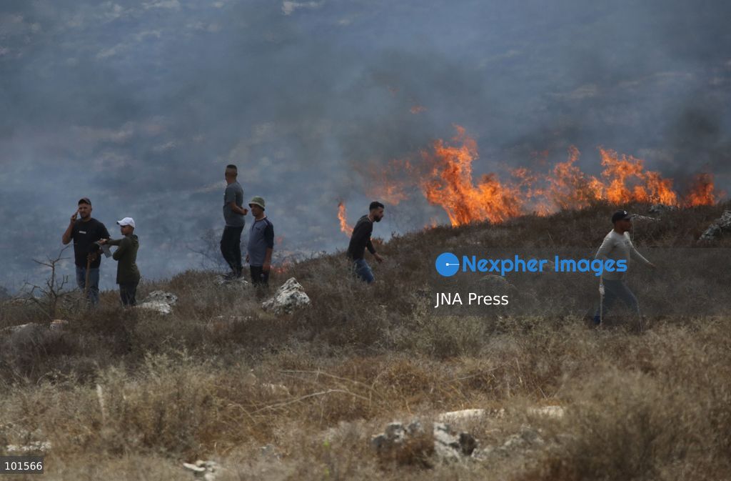 ASIRA AL-QIBLIYA, PALESTINE – OCTOBER 3, 2026: Palestinian farmers and civil defense personnel extinguished a fire in agricultural fields in Asira al-Qibliya village, south of Nablus, after Israeli army forces fired tear gas in the area. Israeli forces had prevented Palestinians from harvesting olives. Photo by Nedal Shtieh / JNA Press. (Photo by Nedal Shtieh/JNA Press via Nexpher Images)