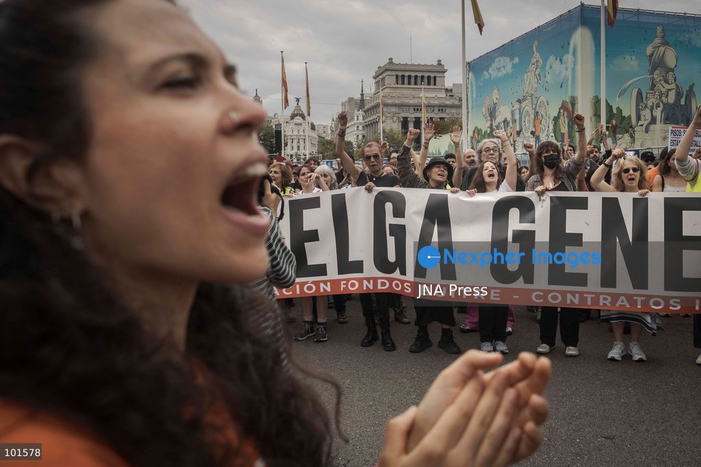 MADRID, SPAIN – OCTOBER 3, 2026: Tens of thousands of people took part in a housing rights demonstration in Madrid organized by the Madrid Tenants' Union, which called for a general strike across Spain until measures against real estate speculation in Madrid are approved. The march came one week after a large protest encampment began at Puerta del Sol. The encampment prompted the government to approve two decrees containing housing measures demanded by activists, although Parliament rejected the measures the previous Friday. Demonstrators marched through Madrid as part of the ongoing campaign over housing rights and measures addressing real estate speculation. Photo by JAIRO VARGAS / JNA Press. (Photo by Jairo Vargas MartÃn/JNA Press via Nexpher Images)