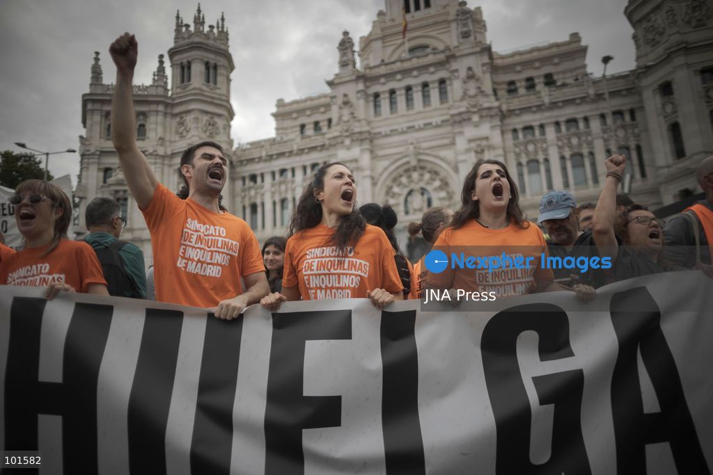 MADRID, SPAIN – OCTOBER 3, 2026: Tens of thousands of people took part in a housing rights demonstration in Madrid organized by the Madrid Tenants' Union, which called for a general strike across Spain until measures against real estate speculation in Madrid are approved. The march came one week after a large protest encampment began at Puerta del Sol. The encampment prompted the government to approve two decrees containing housing measures demanded by activists, although Parliament rejected the measures the previous Friday. Demonstrators marched through Madrid as part of the ongoing campaign over housing rights and measures addressing real estate speculation. Photo by JAIRO VARGAS / JNA Press. (Photo by Jairo Vargas MartÃn/JNA Press via Nexpher Images)