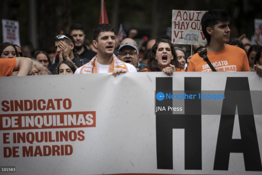 MADRID, SPAIN – OCTOBER 3, 2026: Tens of thousands of people took part in a housing rights demonstration in Madrid organized by the Madrid Tenants' Union, which called for a general strike across Spain until measures against real estate speculation in Madrid are approved. The march came one week after a large protest encampment began at Puerta del Sol. The encampment prompted the government to approve two decrees containing housing measures demanded by activists, although Parliament rejected the measures the previous Friday. Demonstrators marched through Madrid as part of the ongoing campaign over housing rights and measures addressing real estate speculation. Photo by JAIRO VARGAS / JNA Press. (Photo by Jairo Vargas MartÃn/JNA Press via Nexpher Images)