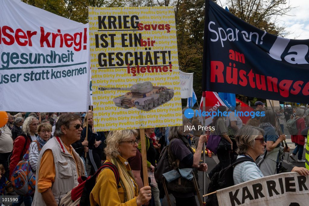 BERLIN, GERMANY – OCTOBER 3, 2026: Thousands of people took part in a peace demonstration in central Berlin on German Unity Day. A coalition of peace initiatives, trade unions, and political and civil-society groups organized the protest. The demonstrators focused on military rearmament, the possible reintroduction of conscription, and Germany’s military policy. The march began at the Brandenburg Gate and continued through the government district before concluding with a rally. The demonstration brought together participants expressing opposition to Germany’s current and proposed military policies on a national public holiday. Photo by Jess Flom / JNA Press. (Photo by jess flom/JNA Press via Nexpher Images)