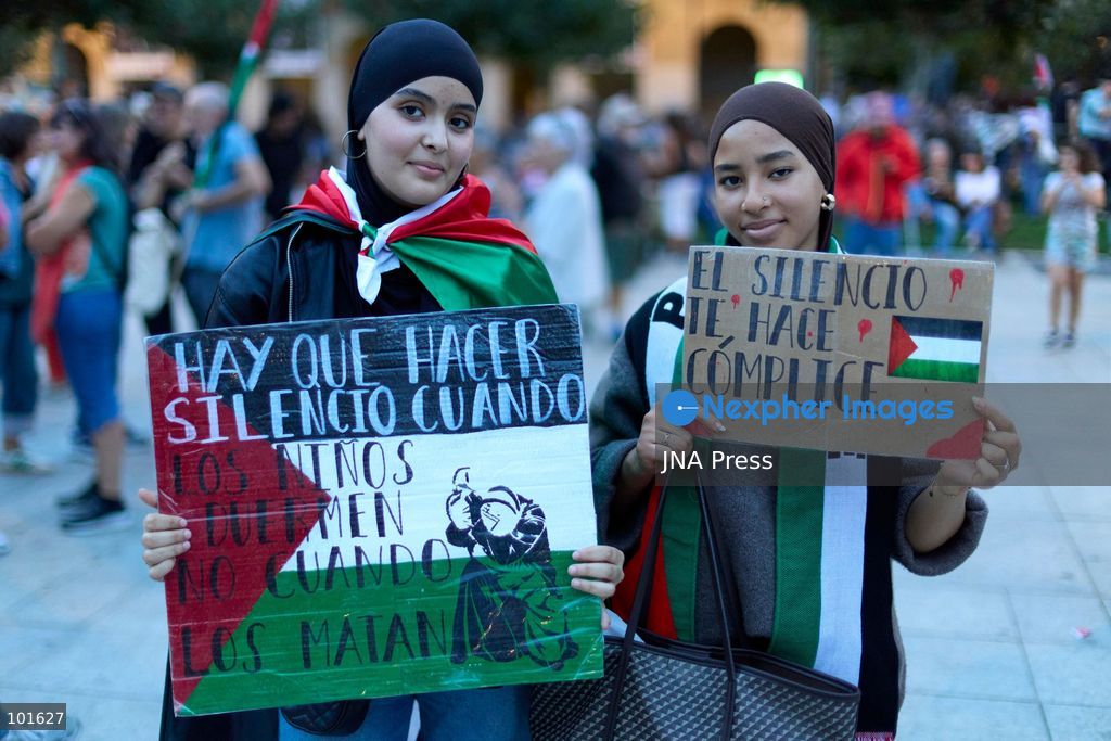PAMPLONA, SPAIN, OCTOBER 3, 2026: Demonstrators take part in a pro-Palestinian march called by the citizens' platform Yala Nafarroa in Pamplona. Protesters carried Palestinian flags and banners expressing solidarity with Gaza, including a large banner reading "Stop Genocide," while participants also displayed messages calling for the protection of journalists. Photo by Unai Beroiz / JNA Press. (Photo by Unai Beroiz/JNA Press via Nexpher Images)