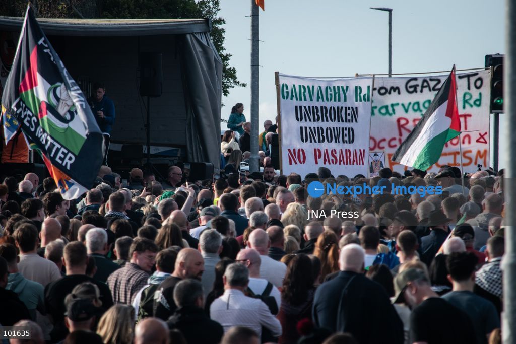 PORTADOWN, NORTHERN IRELAND, OCTOBER 3, 2026: Thousands of people gather near Garvaghy Road in Portadown during a solidarity rally on the seventh day of protests against an Orange Order parade through the area. Participants travelled from across Ireland to support the local community amid the continuing dispute over the proposed parade route. Organizers estimated that around 10,000 people attended the rally. Photo by Nadia Caimi / JNA Press. (Photo by Nadia Caimi/JNA Press via Nexpher Images)