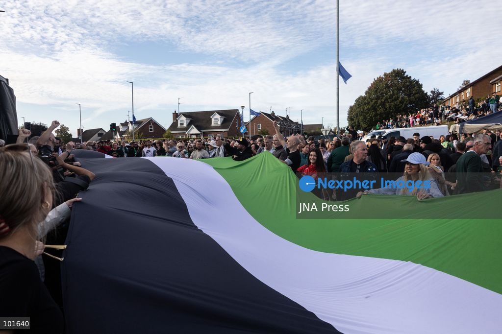 PORTADOWN, NORTHERN IRELAND, OCTOBER 3, 2026: Thousands of people gather near Garvaghy Road in Portadown during a solidarity rally on the seventh day of protests against an Orange Order parade through the area. Participants travelled from across Ireland to support the local community amid the continuing dispute over the proposed parade route. Organizers estimated that around 10,000 people attended the rally. Photo by Nadia Caimi / JNA Press. (Photo by Nadia Caimi/JNA Press via Nexpher Images)