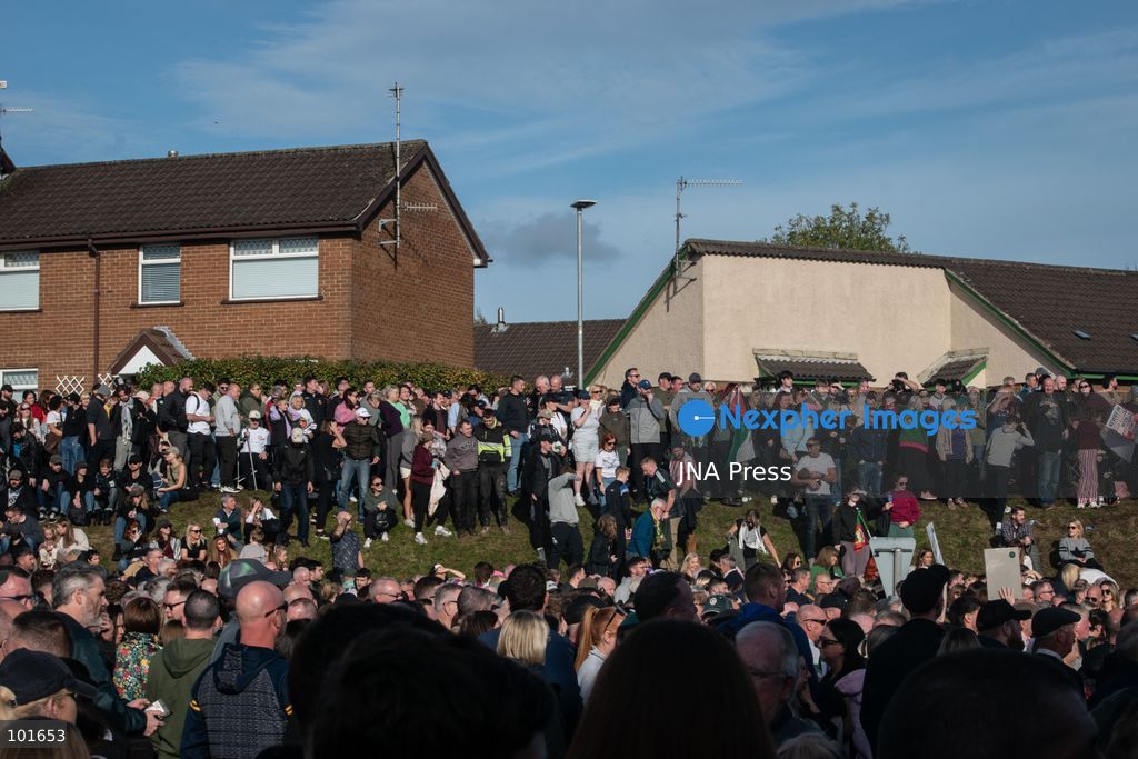 PORTADOWN, NORTHERN IRELAND, OCTOBER 3, 2026: Thousands of people gather near Garvaghy Road in Portadown during a solidarity rally on the seventh day of protests against an Orange Order parade through the area. Participants travelled from across Ireland to support the local community amid the continuing dispute over the proposed parade route. Organizers estimated that around 10,000 people attended the rally. Photo by Nadia Caimi / JNA Press. (Photo by Nadia Caimi/JNA Press via Nexpher Images)