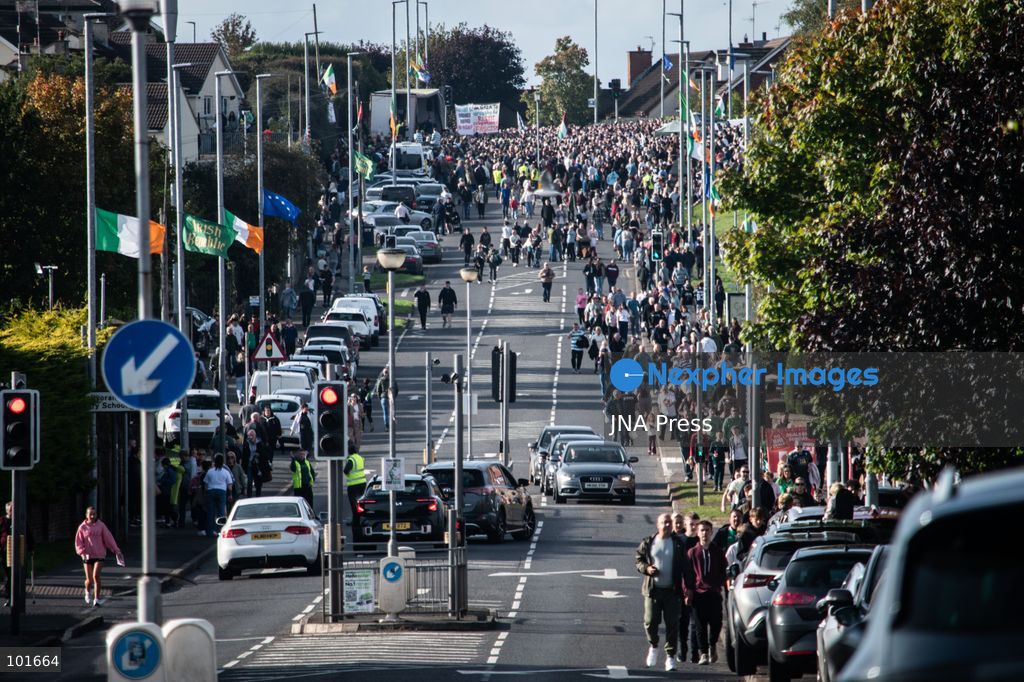 PORTADOWN, NORTHERN IRELAND, OCTOBER 3, 2026: Thousands of people gather near Garvaghy Road in Portadown during a solidarity rally on the seventh day of protests against an Orange Order parade through the area. Participants travelled from across Ireland to support the local community amid the continuing dispute over the proposed parade route. Organizers estimated that around 10,000 people attended the rally. Photo by Nadia Caimi / JNA Press. (Photo by Nadia Caimi/JNA Press via Nexpher Images)