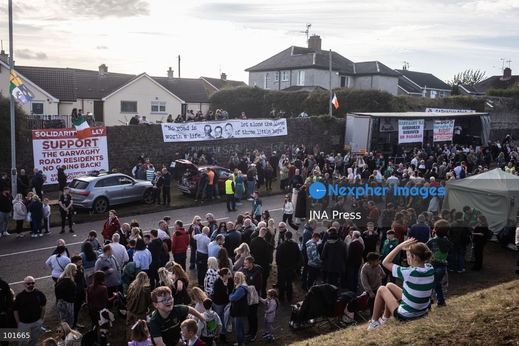 PORTADOWN, NORTHERN IRELAND, OCTOBER 3, 2026: Thousands of people gather near Garvaghy Road in Portadown during a solidarity rally on the seventh day of protests against an Orange Order parade through the area. Participants travelled from across Ireland to support the local community amid the continuing dispute over the proposed parade route. Organizers estimated that around 10,000 people attended the rally. Photo by Nadia Caimi / JNA Press. (Photo by Nadia Caimi/JNA Press via Nexpher Images)