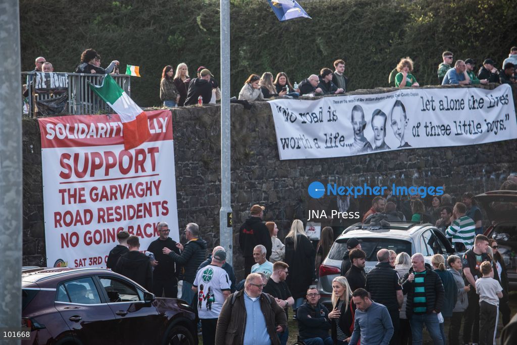 PORTADOWN, NORTHERN IRELAND, OCTOBER 3, 2026: Thousands of people gather near Garvaghy Road in Portadown during a solidarity rally on the seventh day of protests against an Orange Order parade through the area. Participants travelled from across Ireland to support the local community amid the continuing dispute over the proposed parade route. Organizers estimated that around 10,000 people attended the rally. Photo by Nadia Caimi / JNA Press. (Photo by Nadia Caimi/JNA Press via Nexpher Images)