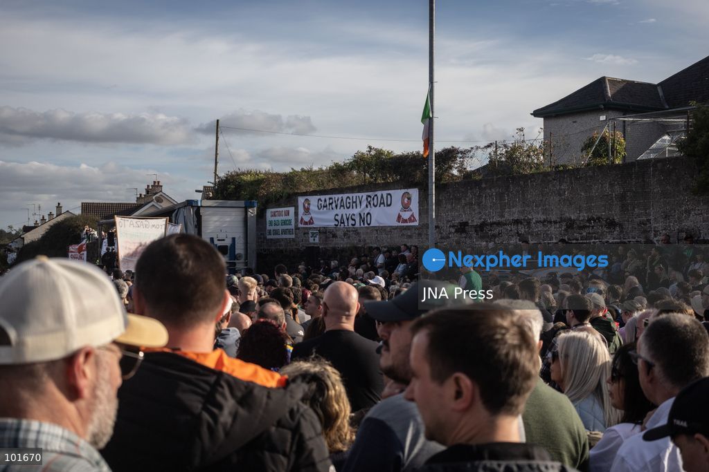 PORTADOWN, NORTHERN IRELAND, OCTOBER 3, 2026: Thousands of people gather near Garvaghy Road in Portadown during a solidarity rally on the seventh day of protests against an Orange Order parade through the area. Participants travelled from across Ireland to support the local community amid the continuing dispute over the proposed parade route. Organizers estimated that around 10,000 people attended the rally. Photo by Nadia Caimi / JNA Press. (Photo by Nadia Caimi/JNA Press via Nexpher Images)